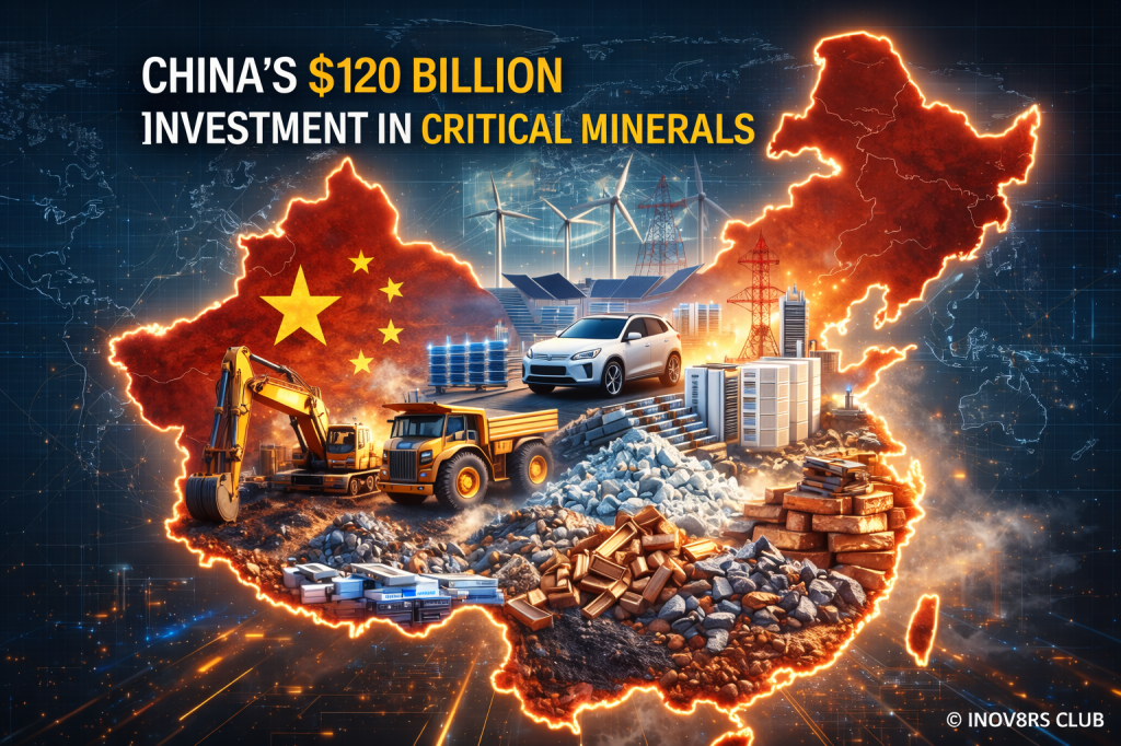 Graphic illustrating China's $120 billion investment in critical minerals, featuring a map of China, construction machinery, renewable energy elements, and various mineral resources.