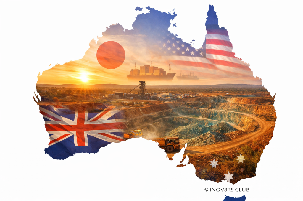 A silhouette of Australia filled with an industrial landscape featuring mining activity, overlaid with the flags of the United Kingdom, United States, and Japan, symbolizing international relationships.