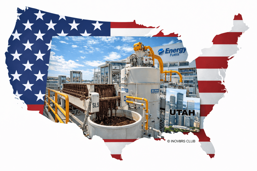 A stylized map of the United States filled with the American flag design, featuring an industrial processing facility in Utah with large equipment and a sign that reads 'Energy Fuels'.