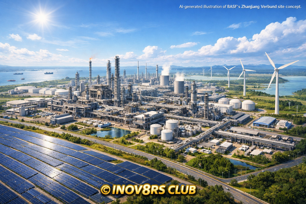 Aerial view of an industrial site featuring large oil refinery structures, solar panels in the foreground, and wind turbines in the background, under a bright blue sky.