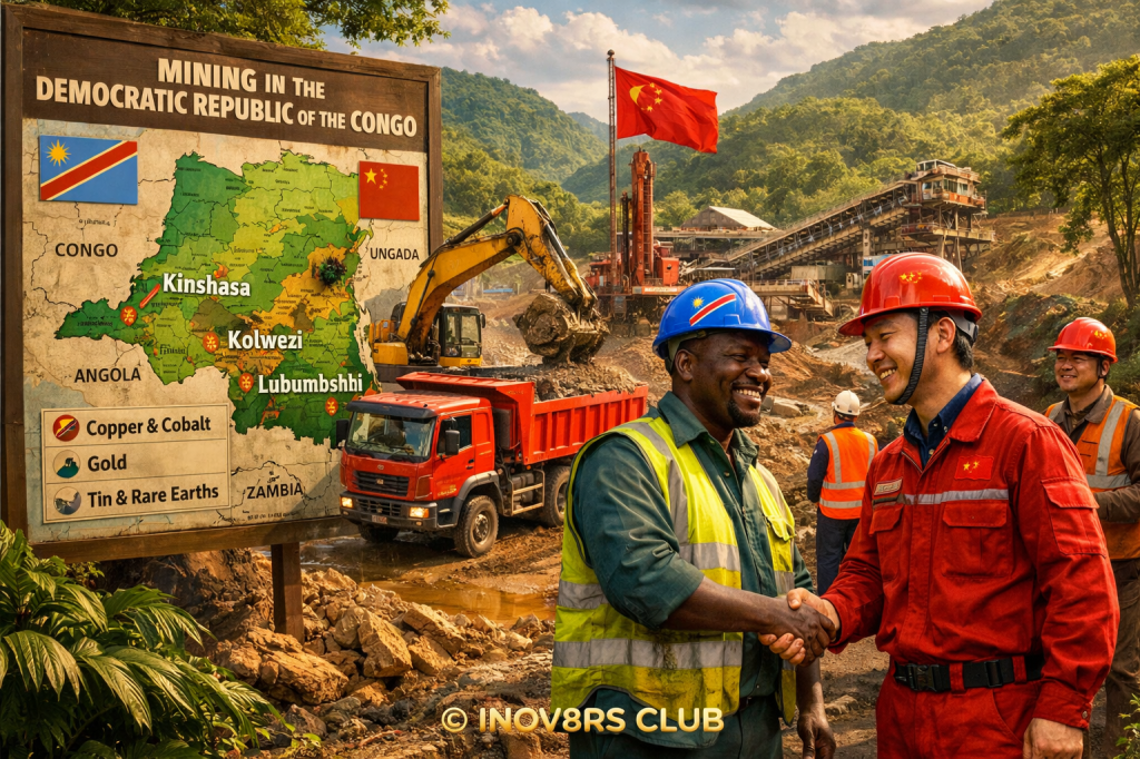 Two miners, one wearing a blue helmet and the other a red helmet, shake hands in front of a large map of the Democratic Republic of the Congo, showcasing mining areas. A construction site is visible in the background with heavy machinery and several workers.