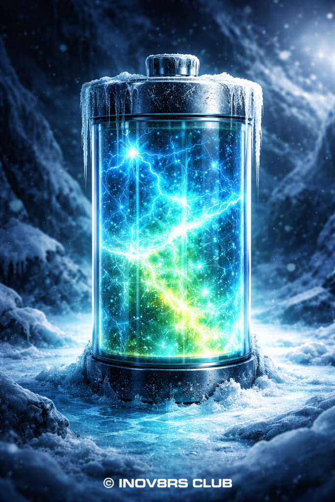 A glowing, ice-covered battery surrounded by a snowy landscape, emitting blue and green electrical energy.