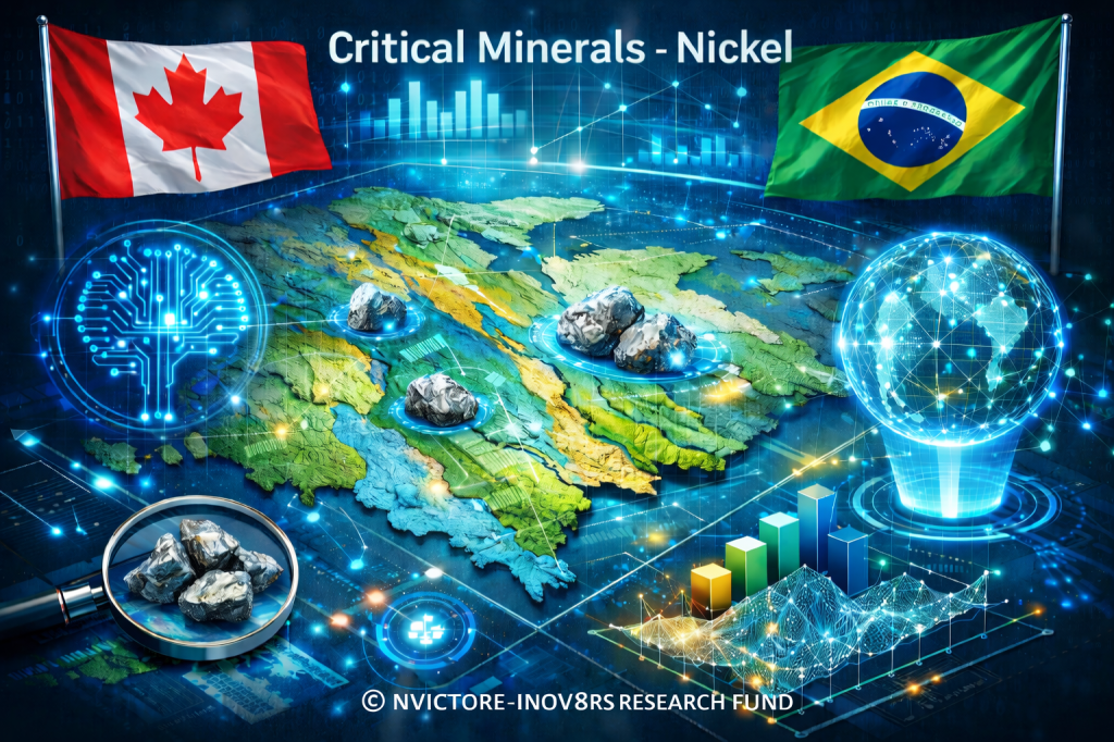 A digital illustration highlighting critical minerals, specifically nickel, featuring the flags of Canada and Brazil, a map of South America with mineral deposits, and interactive data visualizations.
