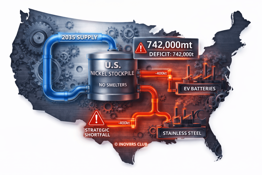 Infographic of the U.S. nickel supply and demand situation for 2035, highlighting a deficit of 742,000 metric tons. It shows the U.S. nickel stockpile, lack of smelters, and strategic shortfall, with pipelines illustrating connections to EV batteries and stainless steel production.