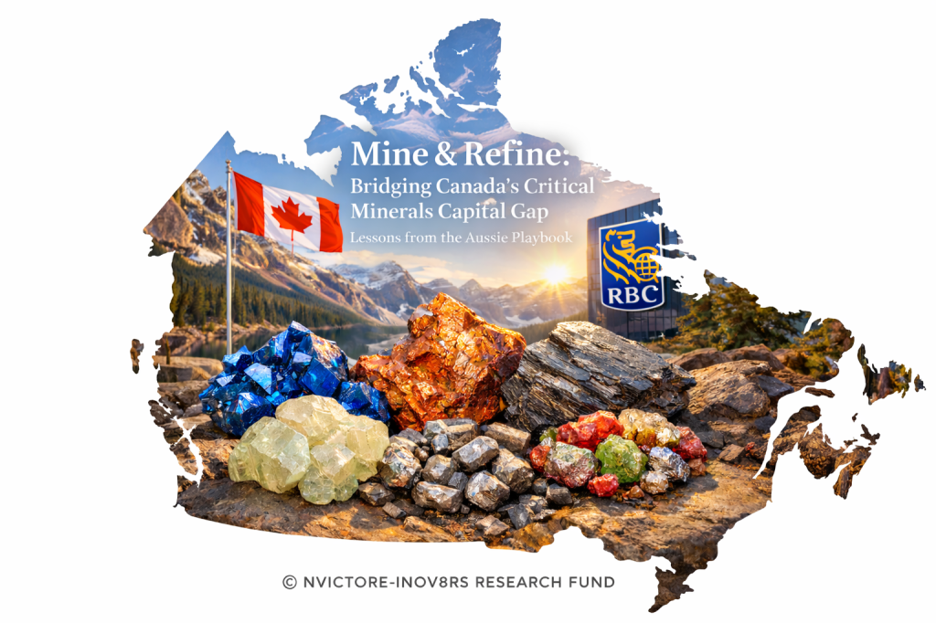 An image of a map of Canada filled with various colorful minerals and rocks, showcasing a Canadian flag and the logo of RBC, accompanied by the title 'Mine & Refine: Bridging Canada’s Critical Minerals Capital Gap'.