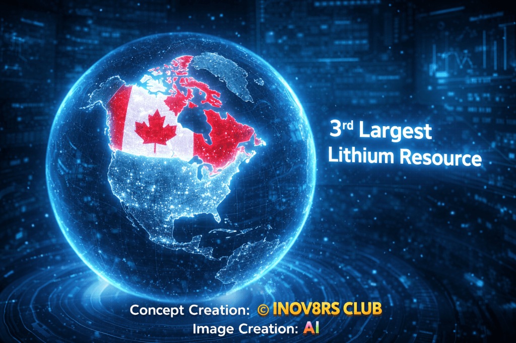 A digital globe featuring Canada highlighted with the Canadian flag, indicating it as the 3rd largest lithium resource. The background includes futuristic data visuals.