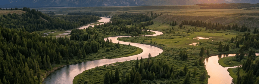 Winding river through green valley with mountains in sunset light