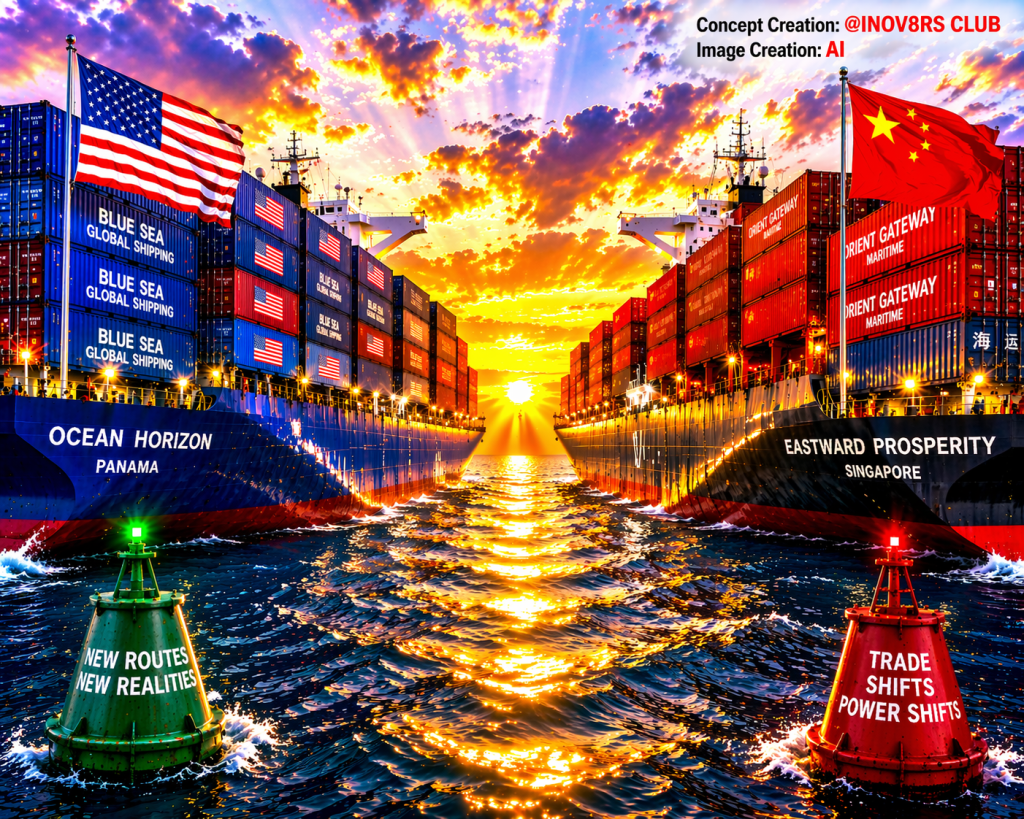 Two large container ships named 'Ocean Horizon' and 'Eastward Prosperity' facing each other on a shimmering ocean at sunset, with American and Chinese flags displayed. The ships are adorned with multiple shipping containers and there are buoys labeled 'New Routes New Realities' and 'Trade Shifts Power Shifts' in the foreground.