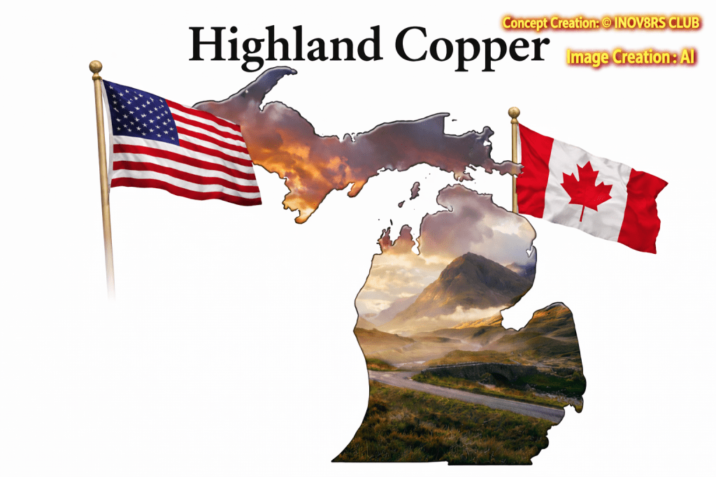 A graphic featuring the shape of Michigan with an overlay of scenic landscapes, flanked by the American and Canadian flags, and the text 'Highland Copper' above.
