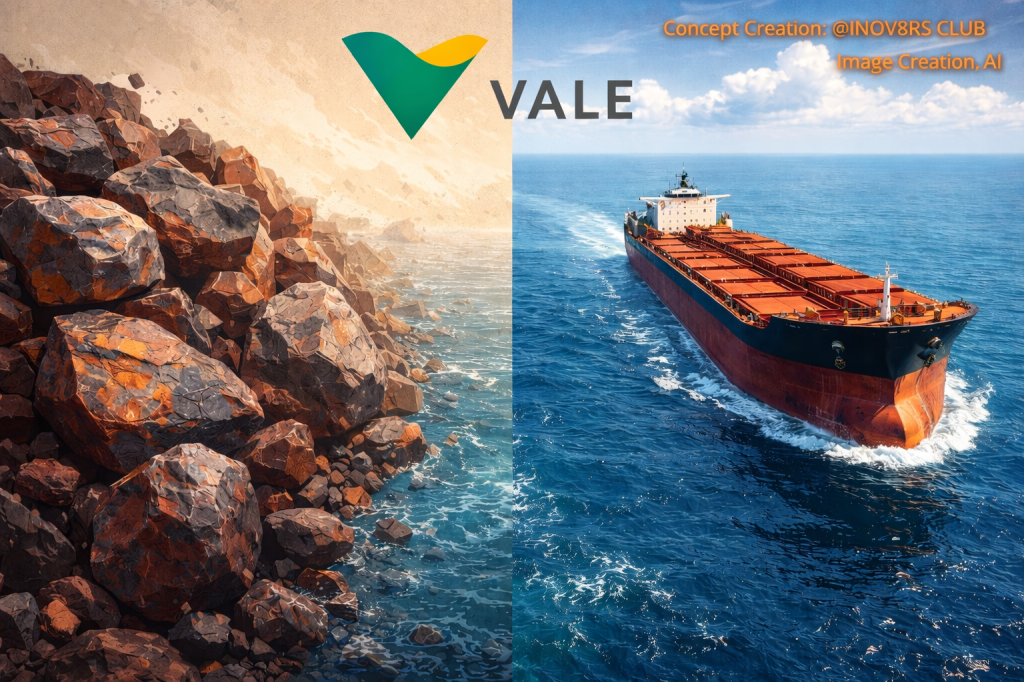 A split image featuring a rocky shoreline on the left and a large cargo ship navigating through blue waters on the right, with the logo of Vale prominently displayed.