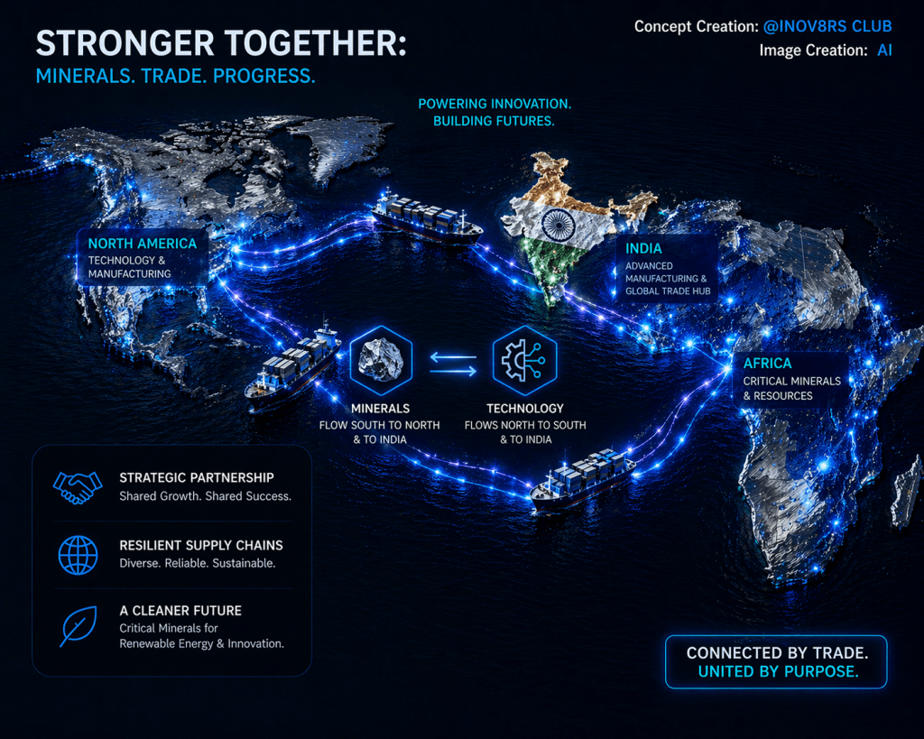 An illustrative map highlighting global trade routes connecting North America, India, and Africa, emphasizing the exchange of minerals and technology. The image features icons representing strategic partnerships, resilient supply chains, and a cleaner future, with the tagline 'Stronger Together: Minerals. Trade. Progress.'