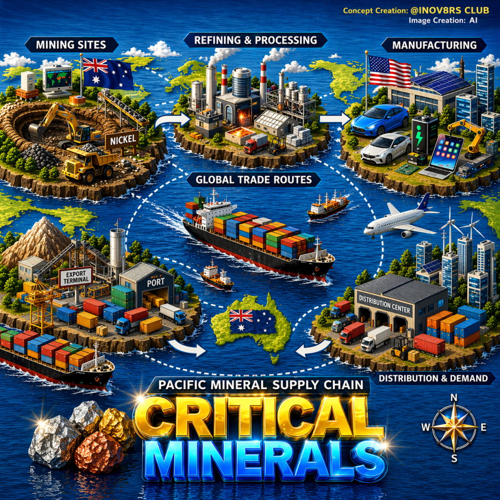 Illustration of the Pacific mineral supply chain depicting mining sites, refining and processing, manufacturing, and global trade routes, featuring Australian elements and critical minerals like nickel.