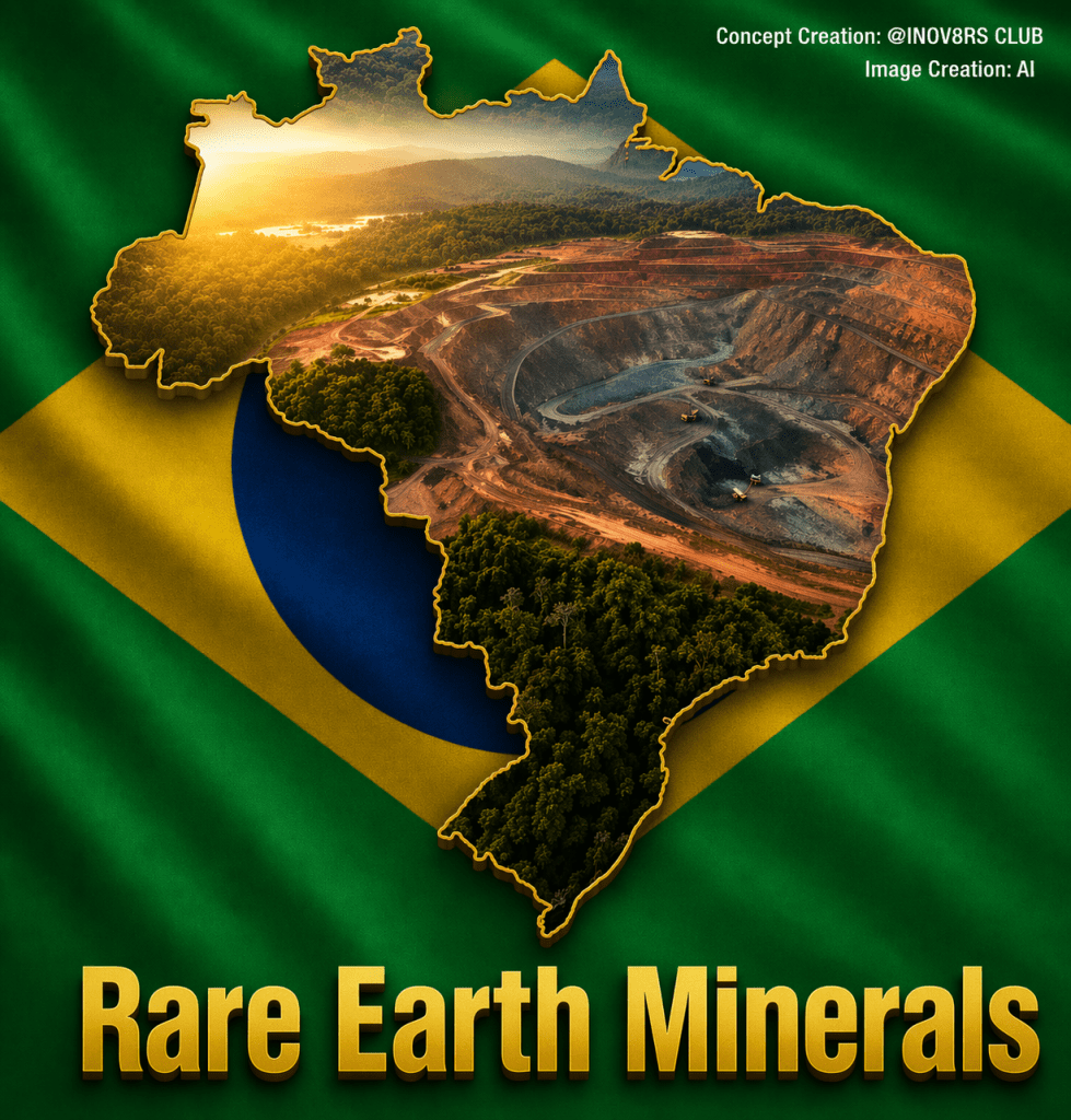 Illustration of Brazil's map featuring a mining site within the country's outline, set against the backdrop of the Brazilian flag, with the text 'Rare Earth Minerals' at the bottom.