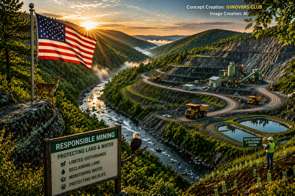Sunrise over a mining site with an American flag, a deer standing nearby, and a sign promoting responsible mining practices.