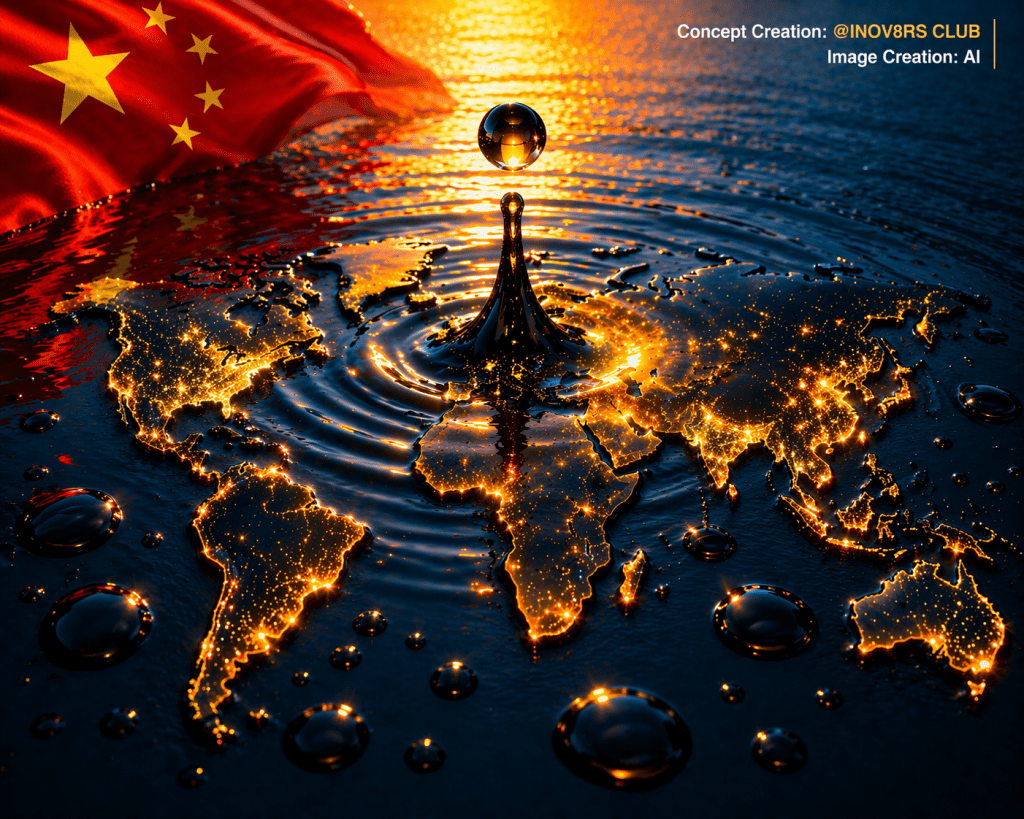 An artistic representation of the world map illuminated with golden lights, set against a backdrop featuring the Chinese flag, with water droplets creating ripples in the foreground.