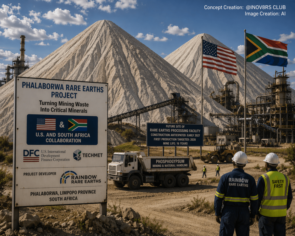 Phalaborwa Rare Earths Project sign with U.S. and South Africa flags, showcasing mining operations and a processing facility in Limpopo province.