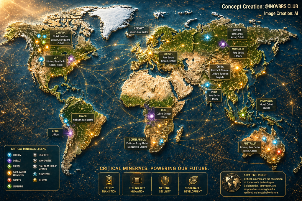 World map highlighting critical minerals and their locations, including lithium, cobalt, and rare earth elements in various countries.