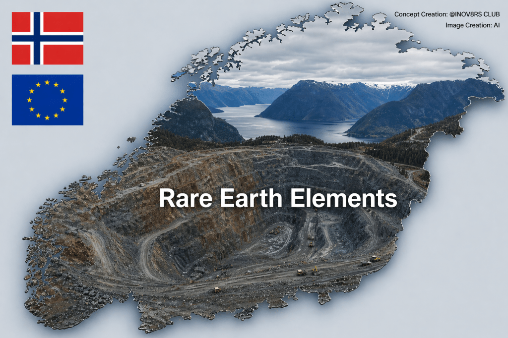 Illustration of Norway featuring flags of Norway and the European Union, with the text 'Rare Earth Elements' overlaying an image of a mining site.