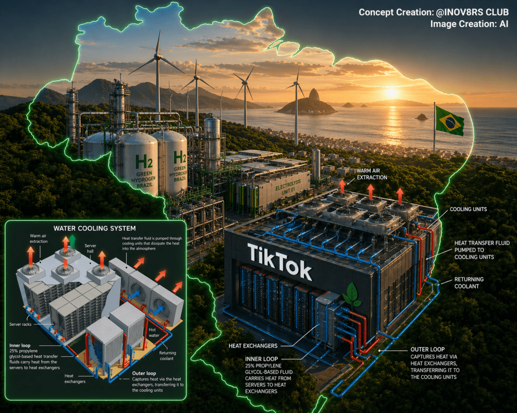 A conceptual illustration of a green hydrogen production facility in Brazil, featuring an advanced cooling system, wind turbines, and the TikTok logo on the building. The image highlights various components such as cooling units, heat exchangers, and water cooling systems, set against a scenic coastal backdrop.