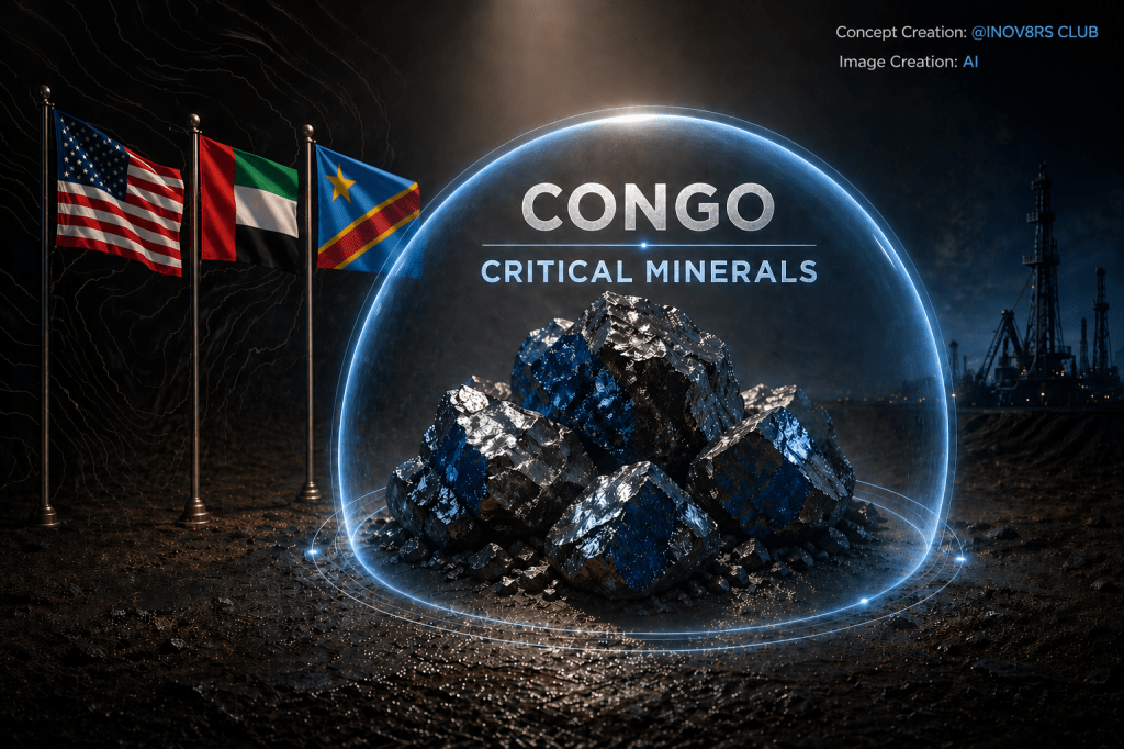 A digital illustration featuring a pile of critical minerals surrounded by a transparent dome, with the words 'CONGO CRITICAL MINERALS' prominently displayed. In the background, flags of the United States, Italy, and the Democratic Republic of the Congo are visible, alongside an industrial setting.