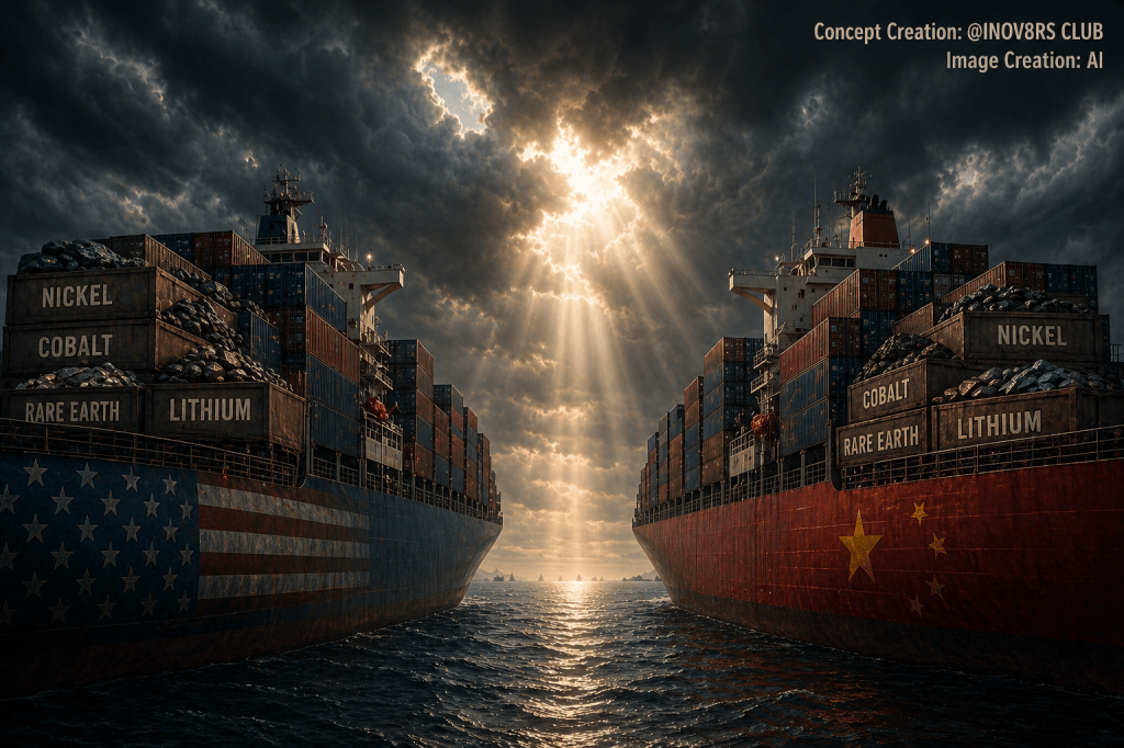 Two large cargo ships in the ocean, one bearing the American flag and the other the Chinese flag, both loaded with containers labeled 'Nickel,' 'Cobalt,' 'Rare Earth,' and 'Lithium,' under a dramatic cloudy sky.