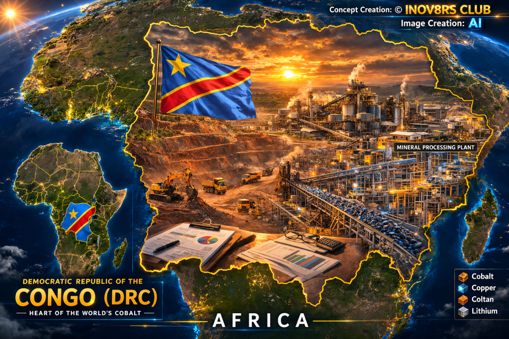 Illustration of the Democratic Republic of the Congo highlighted on a map of Africa, featuring a mining scene with a mineral processing plant and various minerals like cobalt, copper, coltan, and lithium. The country's flag is prominently displayed.