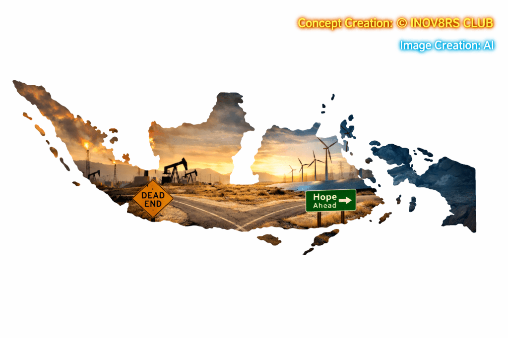 A silhouette of Indonesia features an industrial landscape on the left with smokestacks and an oil rig, and a renewable energy scene on the right with wind turbines. Road signs reading 'DEAD END' and 'Hope Ahead' are included.