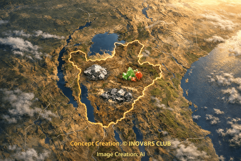 Aerial view of a rugged landscape with a defined border, featuring rocky formations and lakes, under a cloudy sky.