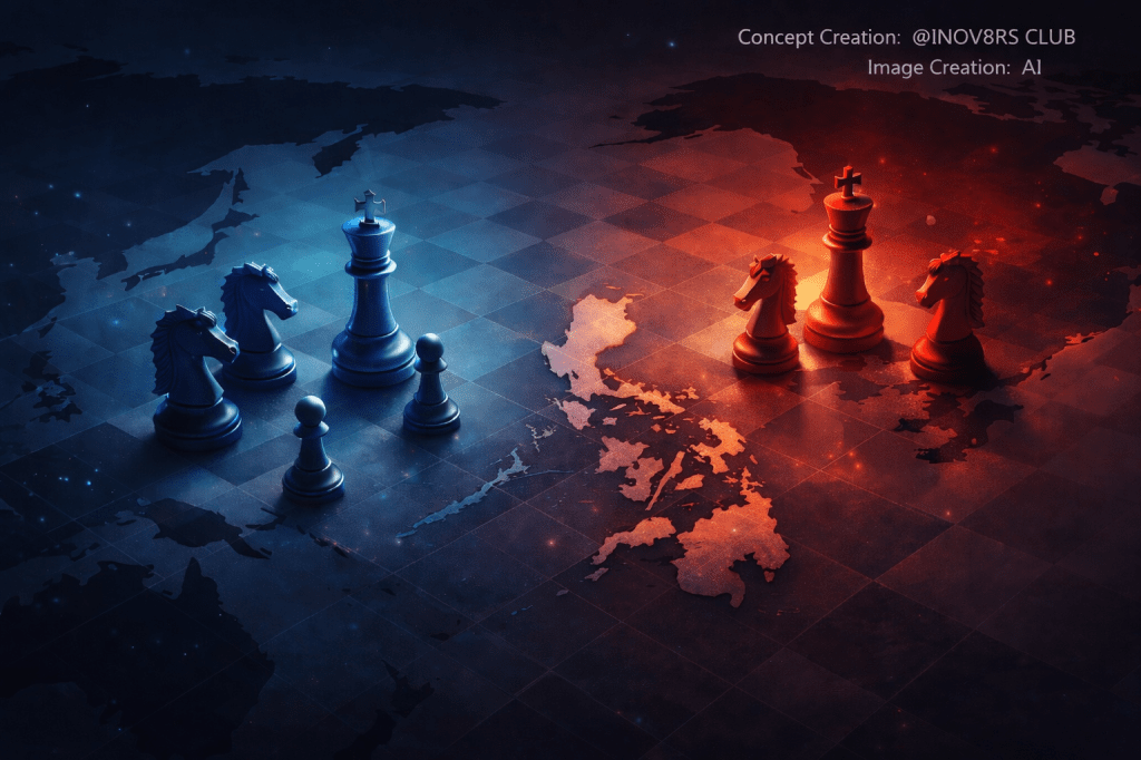 A digital representation of a chess game featuring blue and red chess pieces on a checkerboard background with an outline of the Asia map.