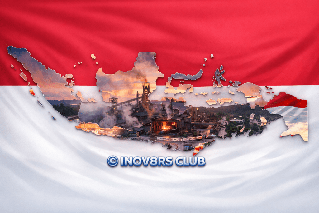 A stylized image of Indonesia's map cut out from an Indonesian flag background, showcasing an industrial scene within the map outline.