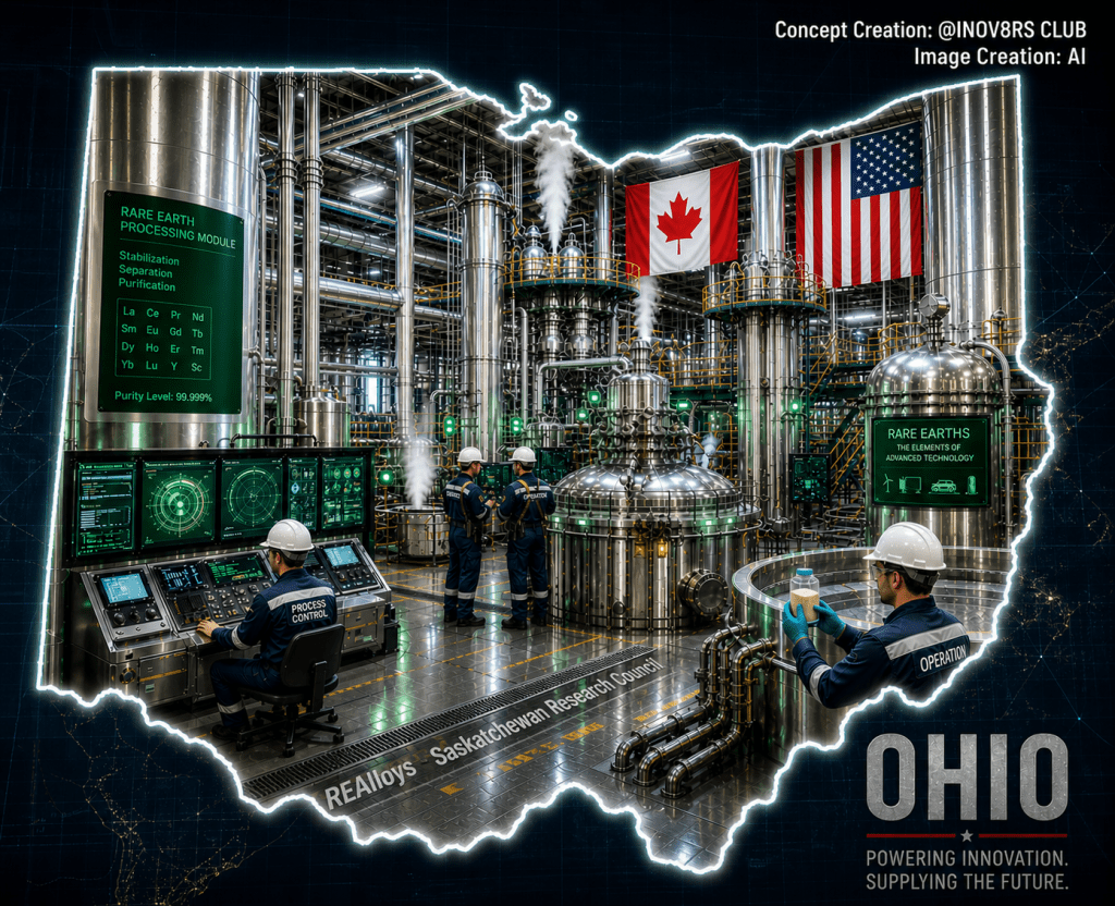 Industrial facility for rare earth processing with operators, showcasing advanced equipment and technology in Ohio, featuring flags of Canada and the USA.