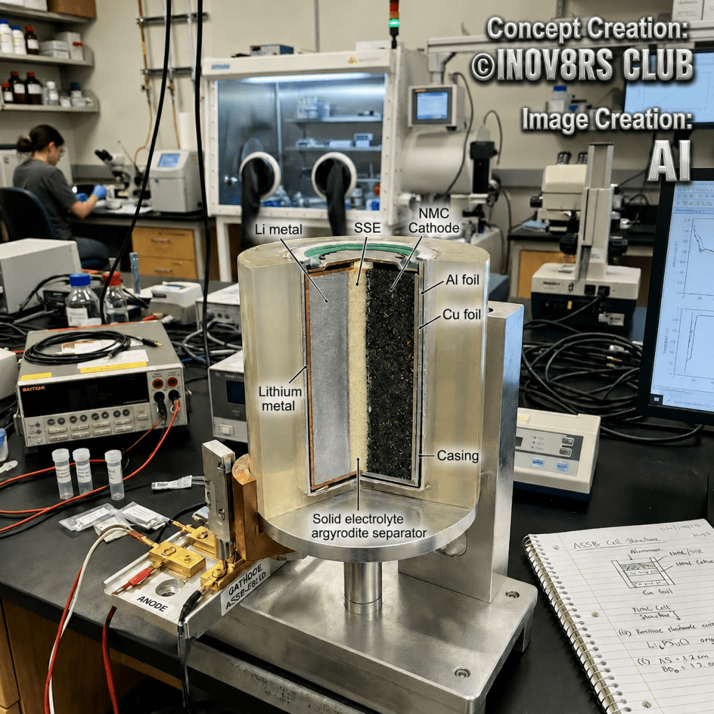 A laboratory setup featuring a cross-section view of a battery cell with labeled components including lithium metal, solid electrolyte argyrodite separator, aluminum foil, copper foil, and NMC cathode. In the background, a researcher is working at a microscope with various scientific instruments and notes visible on the table.