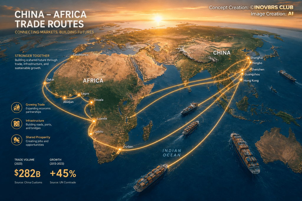 Map illustrating trade routes between China and Africa, highlighting key cities and connectivity. Points of interest include trading hubs and growth statistics. Emphasizes partnership and infrastructure development.