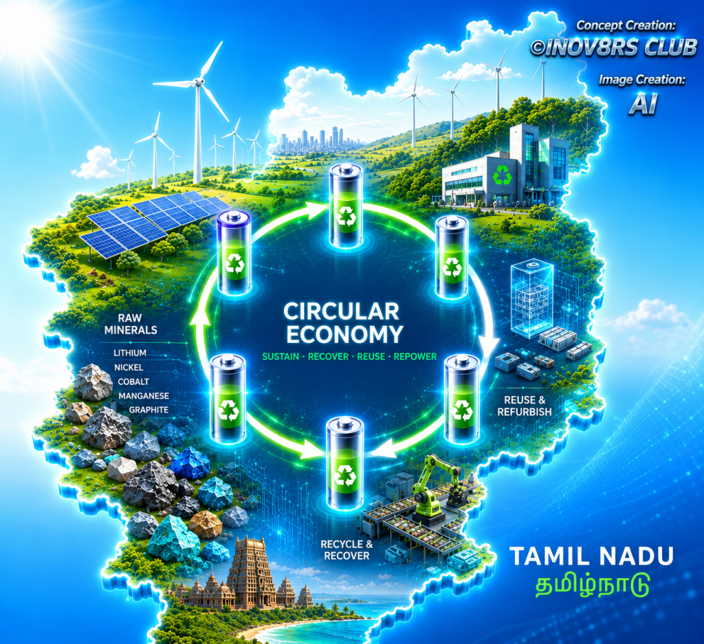 An illustrated map of Tamil Nadu highlighting the concept of a circular economy, featuring icons for renewable energy sources like wind turbines and solar panels, as well as various minerals essential for battery production. Key terms include sustain, recover, reuse, and repower, surrounded by recycling symbols.