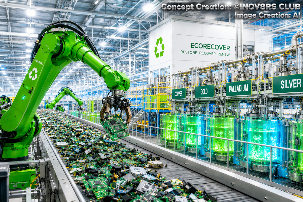 A green robotic arm in a recycling facility picks up circuit boards from a conveyor belt filled with electronic waste, with brightly colored containers labeled 'Copper', 'Gold', 'Palladium', and 'Silver' in the background.