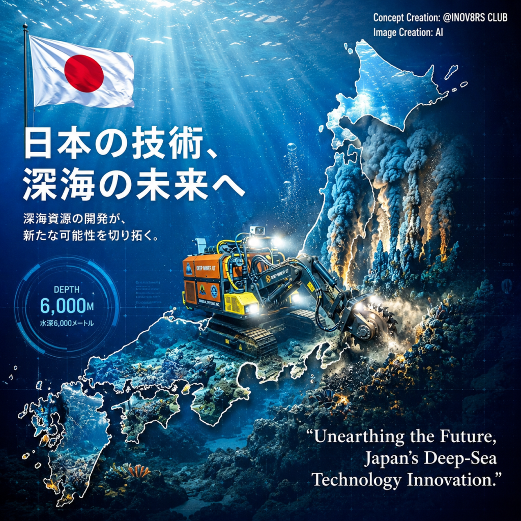 An underwater scene featuring a deep-sea mining vehicle near Japan, with the Japanese flag in the background. The text highlights Japan's advancements in deep-sea technology, referencing a depth of 6,000 meters.