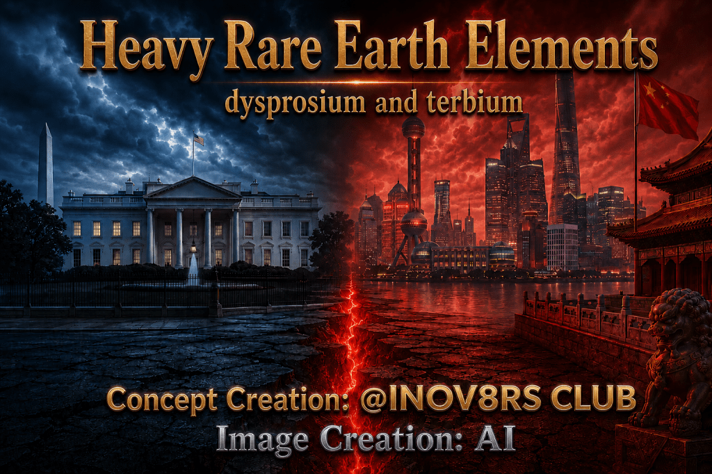 A digital artwork depicting a split scene featuring the White House on the left and a futuristic city skyline on the right, with heavy text overlay discussing heavy rare earth elements dysprosium and terbium, alongside a theme of contrasting colors and visuals.
