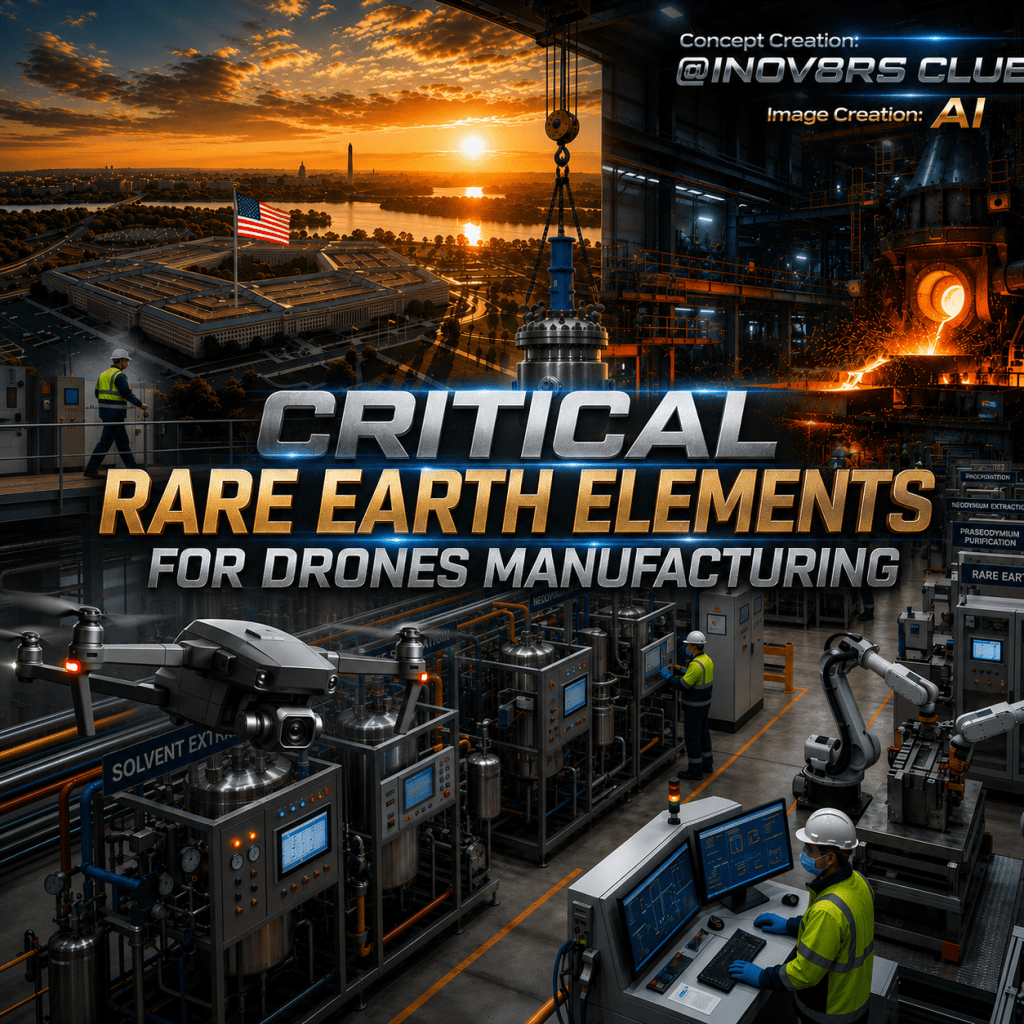 A modern manufacturing facility showcasing equipment for extracting rare earth elements, with workers in safety gear preparing for drone production. The background features a sunset view with a city skyline.