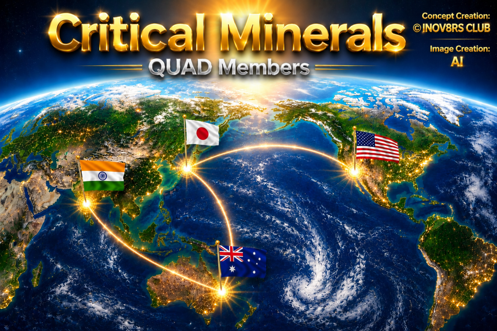 A visually engaging graphic depicting the planet Earth with highlighted continents, featuring the flags of India, Japan, the United States, and Australia. The design emphasizes connections between these countries, labeled 'Critical Minerals QUAD Members,' with glowing effects and illustrations of network lines.