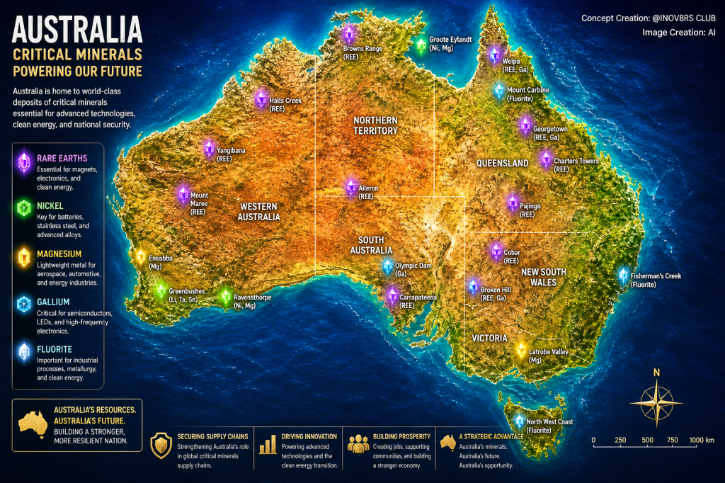 Map of Australia highlighting major regions rich in critical minerals essential for technology, clean energy, and national security. Locations include deposits of rare earths, nickel, magnesium, gallium, and fluorite across various states.