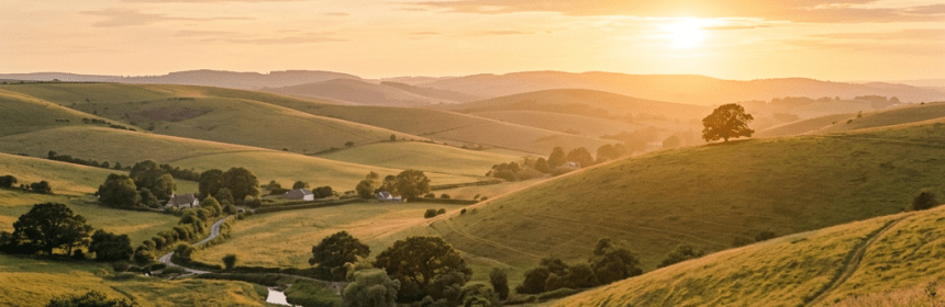 Rolling green hills with a winding dirt path and a small river under a golden sunset sky