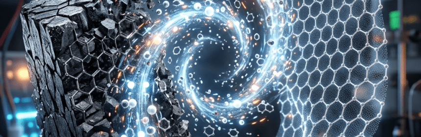 Graphene sheet breaking and transforming with molecular structures and glowing particles