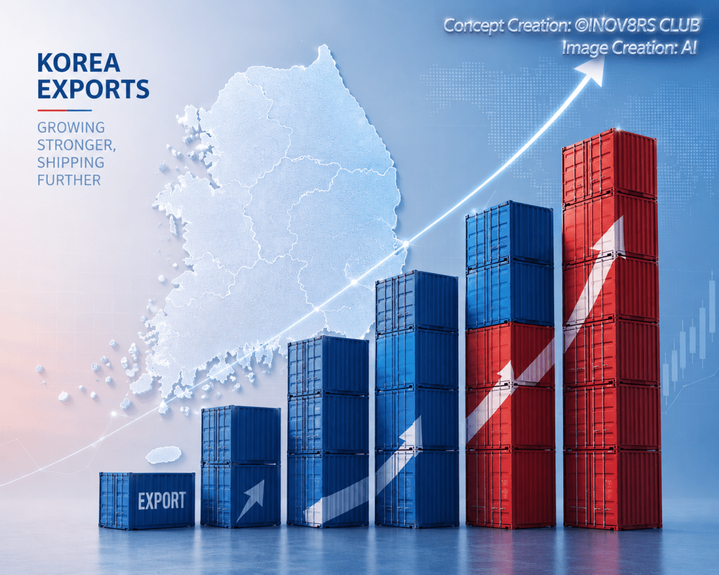 Graphical representation of Korea's exports featuring stacked shipping containers in blue and red, overlaid on a map of Korea, with an upward trend arrow indicating growth.