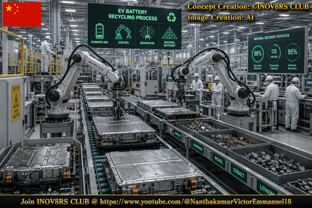 An automated recycling facility for electric vehicle batteries, featuring robotic arms disassembling battery packs. Workers in protective gear monitor the recycling process, with displays showing material recovery statistics and safety warnings.