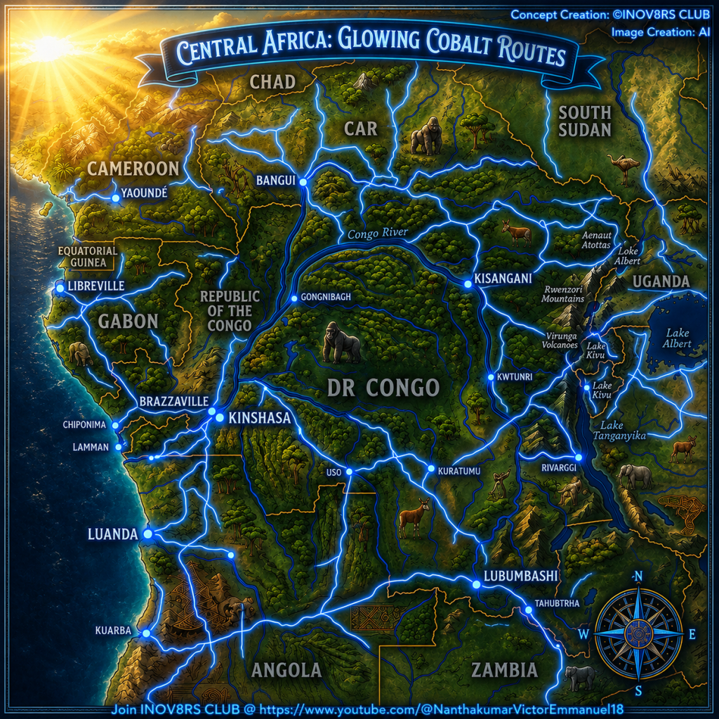 Map of Central Africa featuring glowing cobalt routes and major cities, including Kinshasa, Luanda, and Brazzaville, with geographical landmarks and the Congo River highlighted.