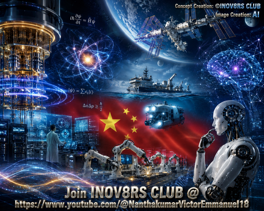 A futuristic scene depicting quantum mechanics concepts alongside advanced technology, featuring a scientist in a lab, a robotic arm, a space station, and a ship, all set against a backdrop of the Chinese flag.