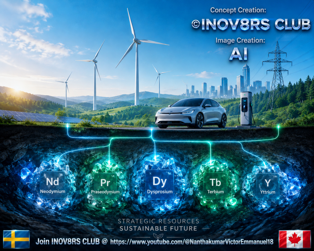 A futuristic electric car charging at a station in a green landscape with wind turbines and solar panels in the background. Below the surface, glowing minerals representing Neodymium, Praseodymium, Dysprosium, Terbium, and Yttrium are displayed, indicating strategic resources for a sustainable future.