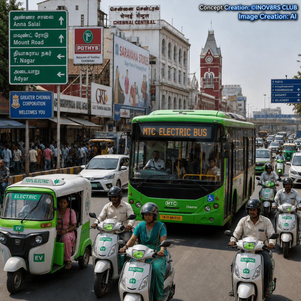 Busy street scene in Chennai featuring an MTC electric bus and several electric scooters, with pedestrians and signage in the background.