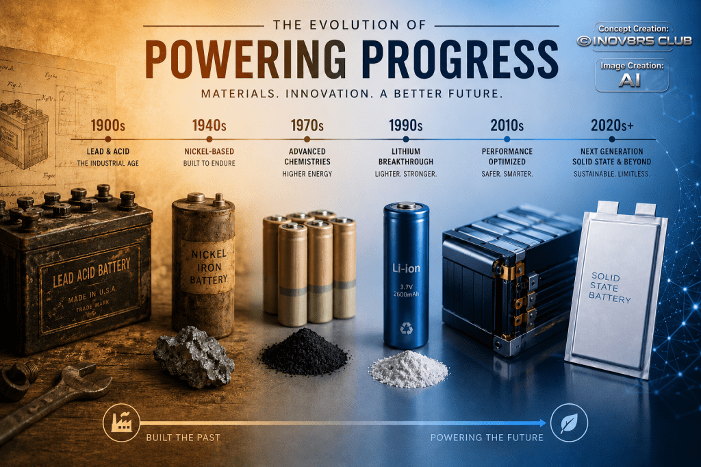 Infographic illustrating the evolution of battery technology from the 1900s to the 2020s, featuring images of various battery types including lead-acid, nickel-iron, lithium-ion, and solid-state batteries, alongside keywords and descriptions reflecting advancements in materials and performance.