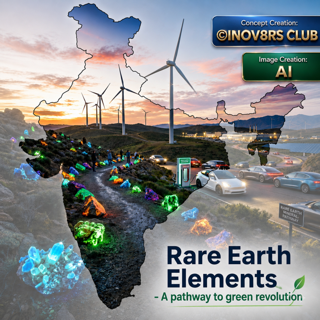 A silhouette of India filled with colorful rare earth mineral stones, set against a landscape featuring wind turbines and electric vehicle charging stations, highlighting the theme of sustainable energy.